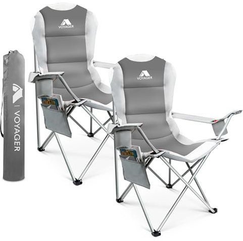 Voyager Folding Camping Chairs 2 Pack with Cooler Bag, Lightweight Q195 Steel Frame, 600D Oxford Fabric, Portable & Comfortable - Black (Grey, Padded)