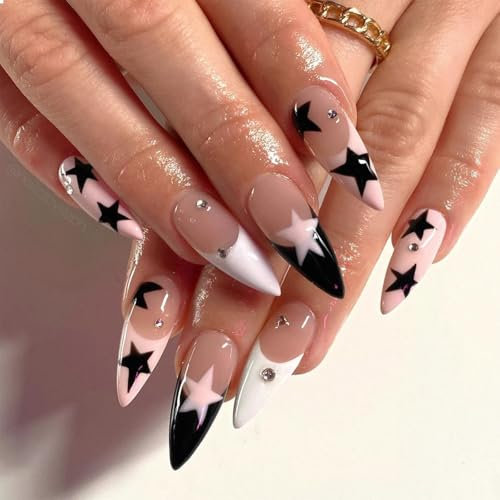 GlamRays Lot de 24 faux ongles press on nails - En forme d'amande - Noir et blanc - Pointe française - Étoiles roses - Faux ongles en acrylique