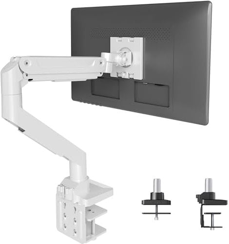 Claiks Heavy Duty Single Monitor Arm for 17 to 49 Inch Flat and Curved Screens, Monitor Arm Gas Spring up to 20kg, VESA 75/100mm,Height Adjustable Screen Arm with Tilt Swivel Rotation, White