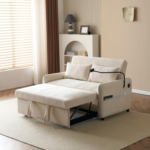 KUAKE Modernes Doppel-Klappschlafsofa, Multifunktionssofa mit Schlaffunktion, verstellbare Rückenlehne, Handyhalter, USB-Ladeanschluss, geeignet für Wohnzimmer, Schlafzimmer, Heimkino-Wohnung (Beige)