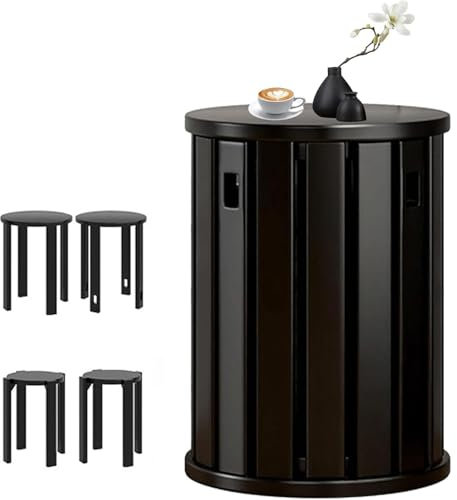PRMTYUP Stapelbare Hocker, Barhocker 4Er Set, Runder Holzhocker, Multifunktionale Massivholz-Kombistühle, Als Beistelltisch, Nachttisch, Couchtisch,Schwarz,Without Roller