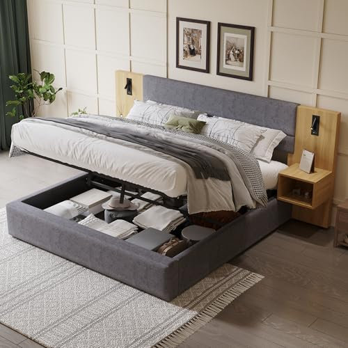 Zravenna Polsterbett 180 x 200 cm mit Bettkasten, Kopfteil mit Zwei Nachttischen mit Stauraum, Breitohrbett mit US/B und Beleuchtung, Holzlattenrost, Samt, Grau + Natur