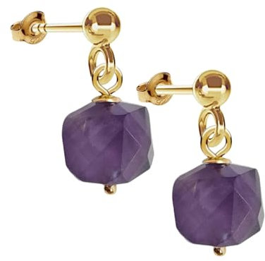I.L.U.S Lila Amethyst Edelstein Ohrstecker mit Anhänger Kristall Ohrringe Ametyst Ohrschmuck Lila Ohrstecker mit Amethyst Würfel-Ohrhänger Violett Gold
