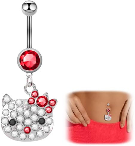 EIROVYA Bauchnabelpiercing,Cartoon Anime Kitty,Chirurgenstahl Piercing Schmuck,Niedliche Kätzchen Form,Piercing Bauchnabel,Bauchnabelpiercing Ring,KT Katze,Bauchnabelpiercing 10mm,Rot