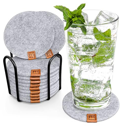 Miqio® Design Filz Glasuntersetzer rund | 12-er Set + Halter | Nachhaltige Oekotex Untersetzer für Getränke, Kerzen, Tassen, Bar, Gläser | Tisch Deko | hellgrau