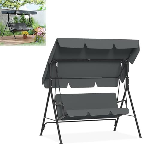 LILIIN Hollywoodschaukel Gartenschaukel 3 Sitzer mit Sonnendach, bis 200kg Belastbar, Wetterfeste Schaukelbank mit Komfortkissen & Anti-Rutsch-Füßen, Grau/176x110x152cm