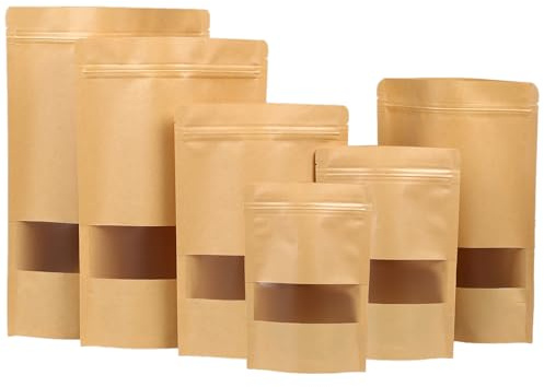 MOMAHUA 100 Stück Kraftpapiertüten mit Fenster, 14x20cm Kraftpapier Tüten, Wiederverwendbar Kekstüten Klein Papiertüten Braun Verschließbare für Nüsse Kaffeebohnen Teeblätter Süßigkeiten Snacks