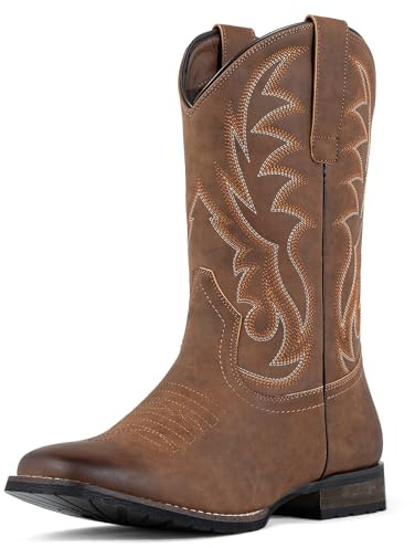 J's.o.l.e Stivali da cowboy da uomo, stile western, con punta quadrata larga, ricamati, con lacci, antiscivolo, colore marrone