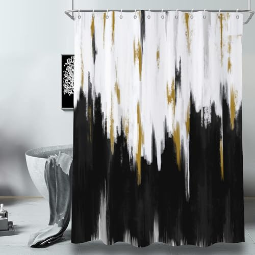 GCIREC Duschvorhang, 180x180cm, Schwarz Weiß Gold Moderne Abstrakte Pinselstriche Graffiti Ölgemälde Wasserdichter Stoff Maschinenwaschbarer Badezimmervorhang mit Haken