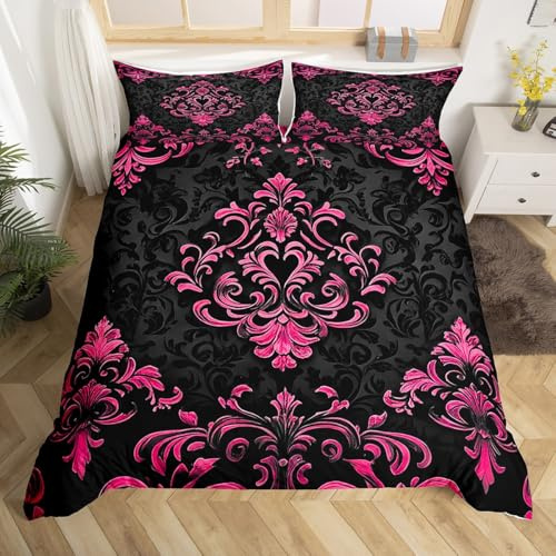 Homewish Boho Damast Bettwäsche 135x200 | Vintage Exotic Bettbezug Gothic Schwarz Rose Rosa Bettwäscheset Frauen Mädchen Viktorianisch Barock Blumen Heimdeko