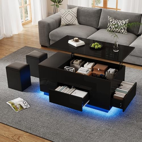 Lcoho 100x50x45cm Couchtisch 4-in-1 höhenverstellbarer Sofatisch,kaffeetisch mit 2 Schubladen,Hochglanztisch mit Sofa und 2 Hockern,Beistelltisch mit verstecktem Stauraum (Schwarz)
