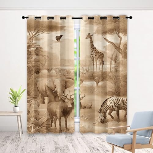 Afrika Tier Gardinen 2 Stück, Giraffe Elefant Pferd Vorhang, 200 X 140 cm, Tierwelt Pflanze 3D Verdunklungsvorhänge Mit Ösen für Wohnzimmer Schlafzimmer, Verdunkelung Wärmeisolierende Vorhänge