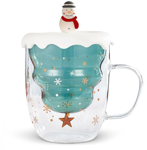 AWSOLAR 300ML Christmas Mugs, Double Walled Glass Mugs with Lid for Christmas Decoration Gift