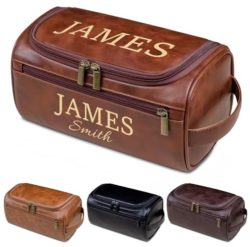 Neceser de cuero personalizado para hombres, kit de afeitado monogramado, bolsa de viaje impermeable de para novio, marido, papá