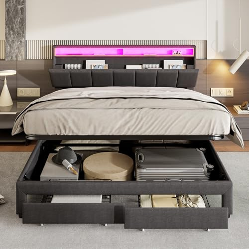 FOERPL Lits 180x200 cm avec Rangement Hydraulique et 2 Tiroirs, lit tapissé avec éclairage LED, lit Coffre avec Tête et Sommier 180x200, Lin
