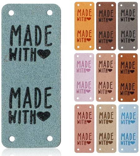 TIESOME 50 Stück Geprägte Handmade Label mit Löchern, Handmade Label zum Annähen, Labels zum Annähen aus PU-Leder Stricken Zubehör für DIY Hut Jeans Taschen Schuhe Handwerk Stricken