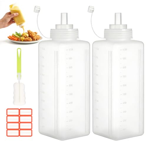 YPLANGENT Quetschflasche 1000ml 2 Stück - Lebensmittelgeeignet Squeeze Flasche mit Kappen und Etiketten, Auslaufsicher, Praktischer Soßenspender für Ketchup, Öl, BBQ, Malen und mehr