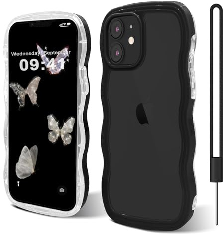 Andwing für iPhone 11 hülle 6,1 Zoll, niedlicher Wellenrahmen, lockige Form, stoßfeste Harte PC-Telefonabdeckung für Frauen und Mädchen, Militärstandard FallSchutz handyhülle für iPhone 11,Schwarz