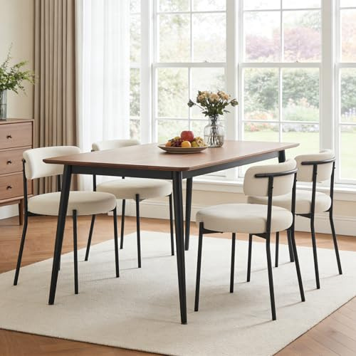 KHISCHMO Esszimmerstühle 4er-Set aus Cord, Moderne Küchenstühle Mid-Century Bouclé gepolstert mit schwarzen Metallbeinen, Chenille-Stoff, für Küche und Wohnzimmer, Weiß
