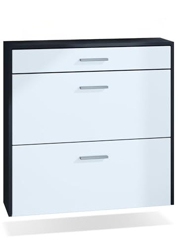 InnoFurn hängender Schuhschrank Roma Air Schmal mit 2 Klappen und 1 Schublade, Platzsparender Schuhkipper Flurschrank für Diele Flur Garderobe, Schwarz/Weiß matt (89 x 87 x 23 cm)