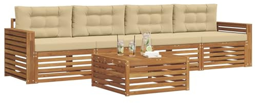 vidaXL Outdoor-Sofagarnitur mit Kissen 5 pcs Natur und Beige, Gartenlounge, modernes Outdoor-Sofa, Sitzmöbel für die Terrasse, langlebige Komfort-Einheit