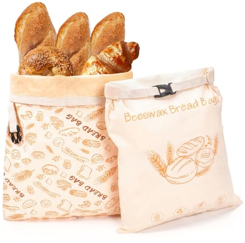 Kanzith 2 Stück Bienenwachs Brotbeutel 42.5x33CM, Aufbewahrung Frischhalten | Bienenwachsbeutel für Sauerteig Brot & Baguette, Brotsack Aus Baumwolle, Sauerteig Zubehör
