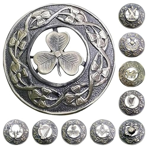 AAR Broche pour kilt trèfle écossais irlandais pour homme, finition antique/chromée, 7 cm de diamètre, S, Trèfle irlandais, 3 (7cm)