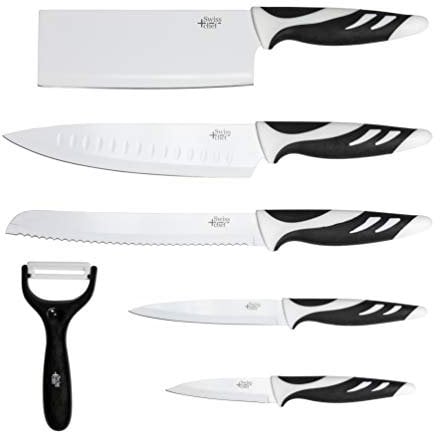 Cecotec Set de cuchillos Swiss Chef. Hoja de 2,5 mm de grosor, Empuñadura con insertos de silicona, Recubrimiento antiadherente cerámico, Blanco y Negro, Presentados en estuche