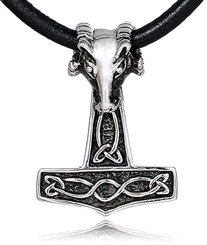 DonDon Herren Lederkette Leder Halskette 50 cm mit Edelstahl Anhänger Thor Hammer Steinbock
