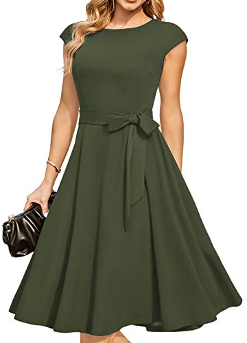 DRESSTELLS Señoras A-Line Swing Festivo Rodilla Longitud Boda Vestido de Cóctel Cuello Redondo Cabo Manga Vestido de Navidad Verde M