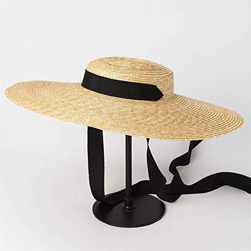 ZANGAO Wide Brim Boater Hat 19cm 15cm 10cm Krempe Strohhut Flache Frauen-Sommer-Hut-Weiß-Schwarz-Band-Bindung Sonnenhut Strand Cap (Color : Primary Black Band, Size : 15cm Brim)