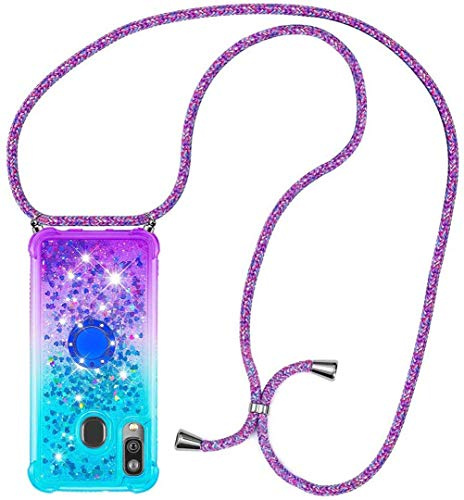 HongMan Handykette für Samsung Galaxy A40 Glitzer Flüssig Bewegende Treibsand Handyhülle+Case mit Umhängeband Handykordel mit Schutzhülle Hülle mit Band Kette Hülle-mit Ständer Holder