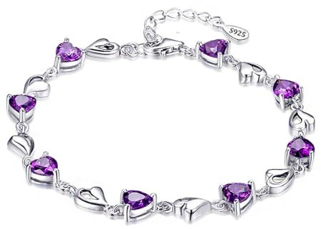 baobei Kaguyo Silberne Armbänder für Frauen, Kristallarmbänder, klares Amethyst-Rosa-Rot-Blau-CZ-Freundschaftsarmband in Herzform für Frauen und Mädchen, Geburtstagsgeschenk (purple)