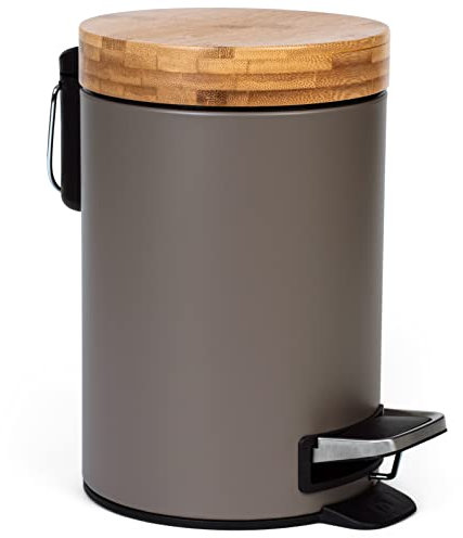 Kazai.® 3l Design Kosmetikeimer | Bad-Mülleimer mit Bambus-Holzdeckel und Absenkautomatik | Mit Anti-Fingerabdruck und Komfort-Pedale | Taupe (Dunkel)