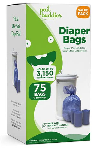 Lot de 75 recharges pour seau à couches jetables compatibles avec les seaux à couches Ubbi | Sacs de recharge pour seau à couches fabriqués avec des matériaux recyclés | Parfum de poudre fraîche pour