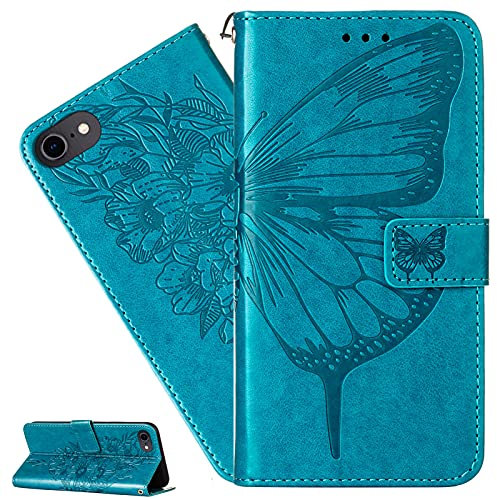 LEMAXELERS iPod Touch 5 / iPod Touch 6/7 Hülle,Für iPod Touch 5 Handyhülle Geprägt Schmetterlings Blume Flip Case PU Leder Cover Magnet Schutzhülle Ständer Handytasche für iPod Touch 5,YB Die Blue