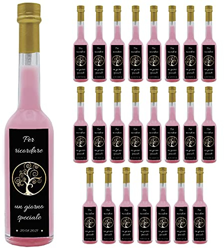 24 bottiglie personalizzate di Liquore perfetto per bomboniere per matrimonio, anniversario, battesimo e comunione (Crema di Fragola, Albero della vita)