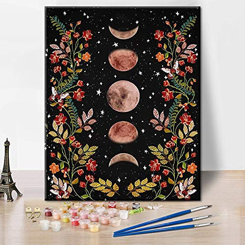 TISHIRON Moonlit Garden Malen nach Zahlen Mondphase Umgeben von Reben und Blumen Schwarzes Kit für Erwachsene Kinder Einzigartiges Geschenk 16x 20 Frameless