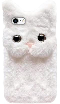 Herbests Plüsch Hülle Kompatibel mit iPhone 7/8/SE 2020,Karikatur Katzen Handyhülle Warme Flauschige Süße Tier Schutzhülle Case,Stoßfest TPU Stoßfänger Rückseite Telefonhülle für Mädchen,Weiß