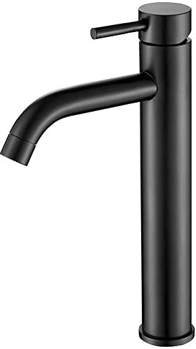 VALAZ Grifo Lavabo Negro Mate Alto Pica | Grifo Monomando Lavabo, Mezclador Agua Fría y Caliente, Ahorro de Agua | Instalación Facil y Rápida | Latón, Inoxidable, Elegante, Caño Curvo, Serie Jabalon