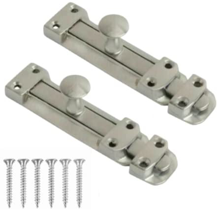 4 Inch Flat Door Bolts Satin Chrome Plated Bolt Door Latches Tower Bolt Sliding Lock Flat Slide Safety Door Barrel Bolt with Screws Pack of 2.