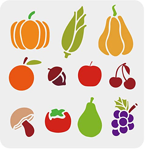 FINGERINSPIRE Obst Gemüse Schablone 30x30cm Orange Apfel Kirsche Traube Birne Schablonen Kürbis Mais Eichel Tomaten Pilze Wiederverwendbare Schablonen zum Malen auf Holz, Boden, Wand und Fliesen