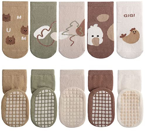 FedMois 5 paia calzini antiscivolo in cotone bimbi bambini motivi animali, Pulcino, 1-3 anni