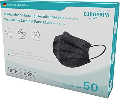 EUROPAPA Schwarz Medizinisch Type IIR Norm EN 14683 zertifizierte CE Mundschutzmasken OP Masken 3-lagig Mundschutz Gesichtsmaske Einwegmaske mund und nasenschutz (100 Stück)