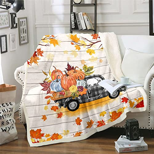 Herbstkariertes Kürbis Lkw Decke 150 x 200 - Rustikales Bauernhaus Scheunentor Sherpa für Kinder, Jungen, Mädchen - Rotgoldenes Retro Ahornblatt Fleece Herbsternte Erntedankfest