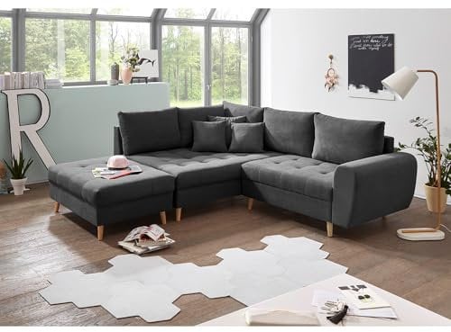 Lomadox Ecksofa mit Hocker und Kissen in anthrazit modern | L-Form Mir Recamiere Links