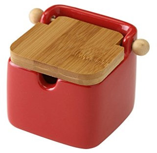 PLUS HOME Azucarero Cocina, Ceramica con Tapa Madera Diseño Modernos.Rojo liso 8,5x8,5x10,5cm