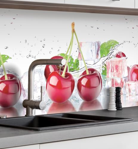 MyMaxxi Küchenrückwand Folie selbstklebend matt - einfache Montage ohne Bohren 0,4mm stark Versteift - Motiv Cherry Rot Weiß 60cm hoch - Spritzschutz Küche Klebefolie - Kirschen Eiswürfel 220 x 60cm