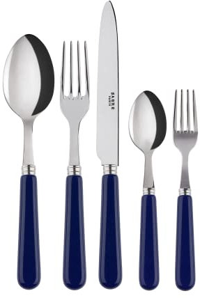 SABRE PARIS - Tafelbesteck-Set, 5-teilig - Pop - Messer, Gabel, Esslöffel, Teelöffel & Kuchengabel - Edelstahl & Acryl - Spülmaschinenfest - Marineblau