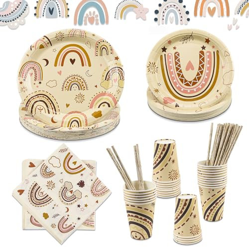Lot de 125 assiettes en carton pour décoration de fête prénatale, au style bohème, arc-en-ciel, pour anniversaire d'enfant, pour 25 invités, pour fête prénatale, assiettes en carton, gobelets en